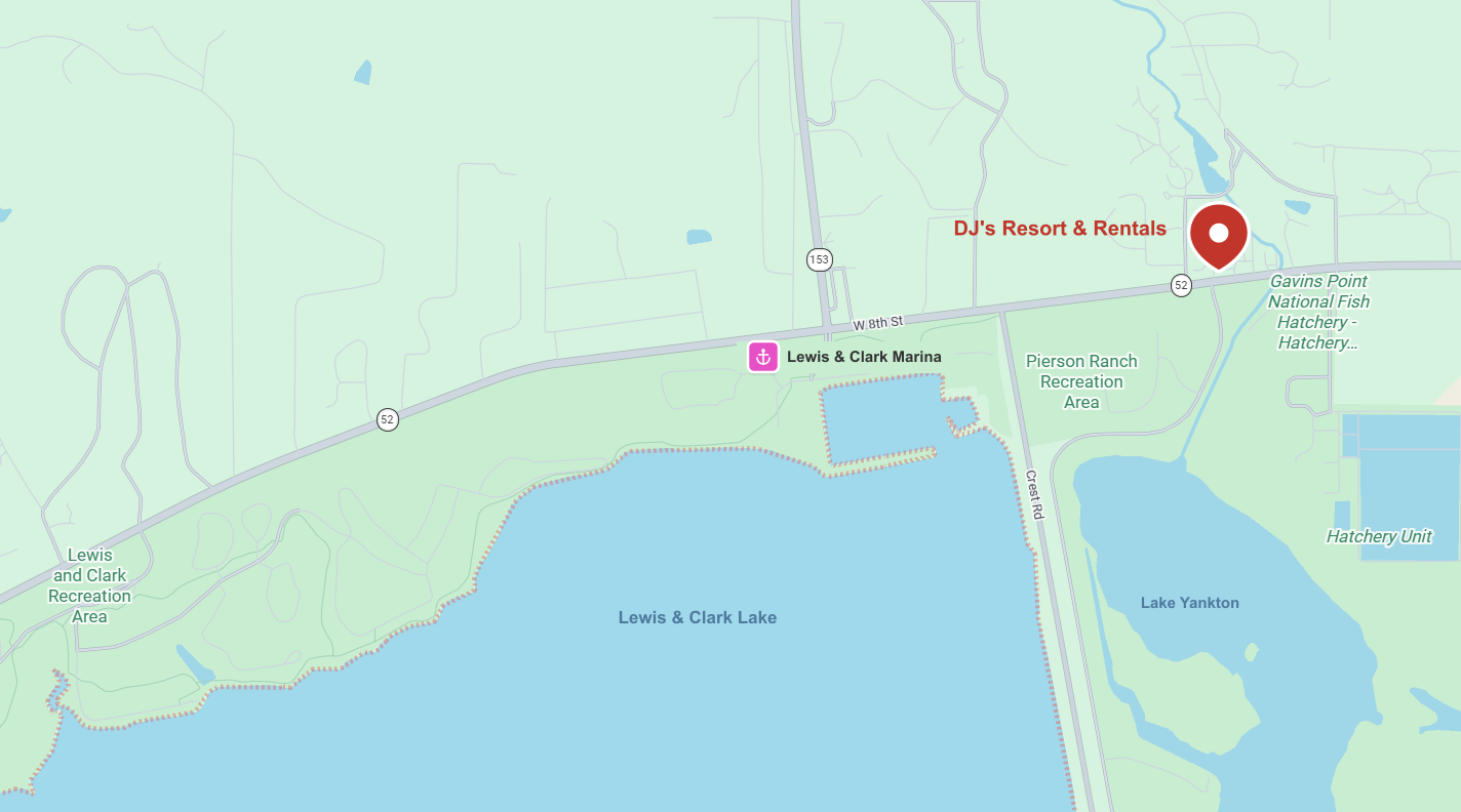 Map showing DJ's Resort & Rentals near Lewis & Clark Marina on Highway 52